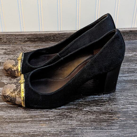 Tory Burch Black Suede Snakeskin Cap Pacey Block Heels Size 10.5 - Picture 2 of 5